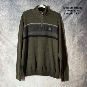 U.S. Polo Assn Men's XL Quarter Zip Sweater Olive Green Stripe Knit Pullover‎